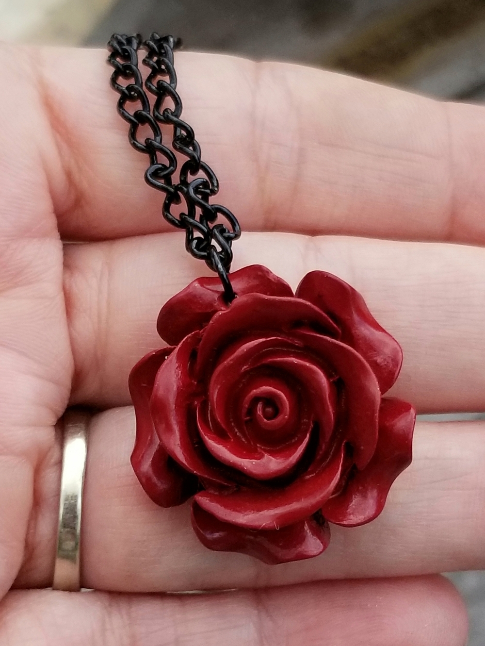 Cinnabar Jade Carved Rose Pendant Necklace, Red Rose Jewelry, Natural Stone